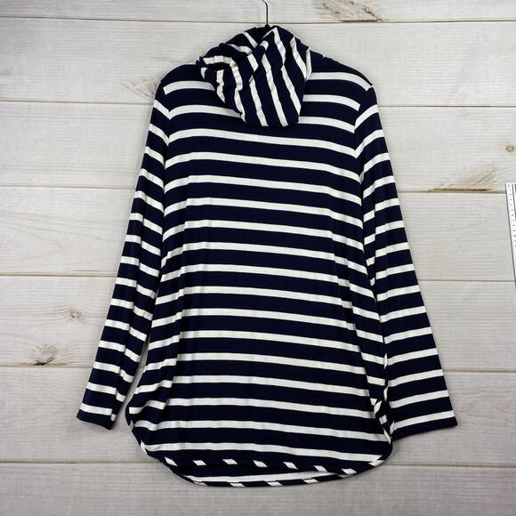 MARKET & SPRUCE Top Sz XL Blue Striped Hooded Long Sleeve Rayon Knit Top Pocket - Picture 9 of 9